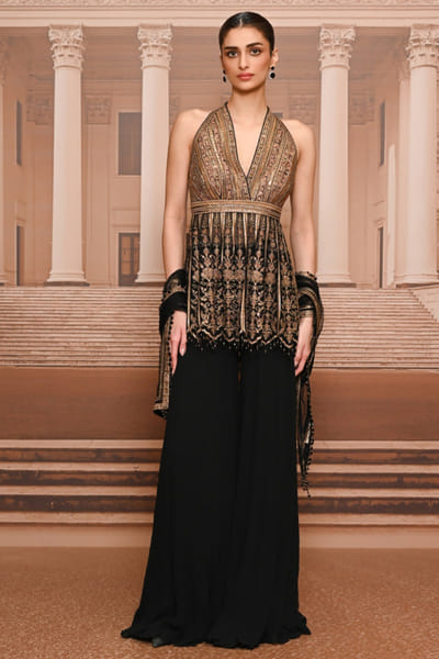 Tarun Tahiliani Black and gold embroidered peplum-sharara set TARUMAY26D145276