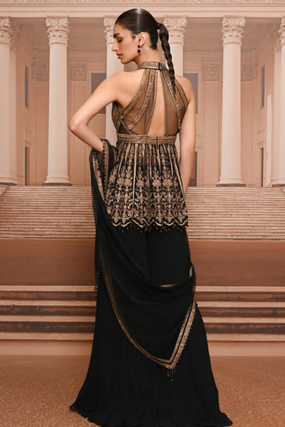 Tarun Tahiliani Black and gold embroidered peplum-sharara set TARUMAY26D145276