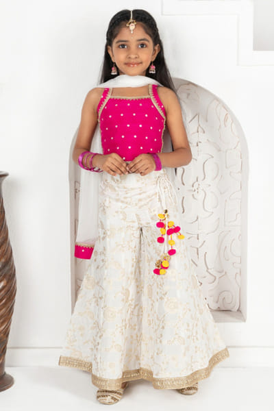 FreeSparrow Ivory and pink zari embroidered palazzo set FREEAPR26D143062