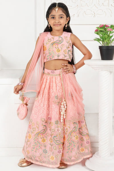 FreeSparrow Peach print embroidered lehenga set FREEAPR26D143064