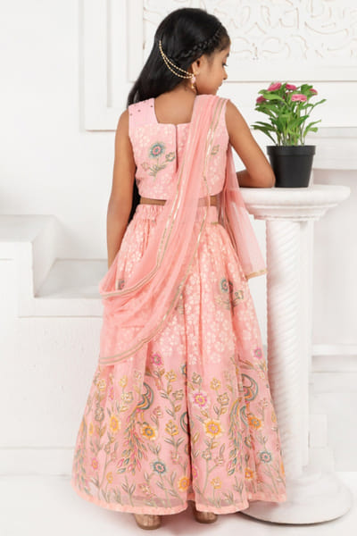FreeSparrow Peach print embroidered lehenga set FREEAPR26D143064