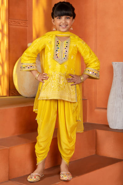 FreeSparrow Yellow zari embroidered dhoti kurta set FREEAPR26D143071