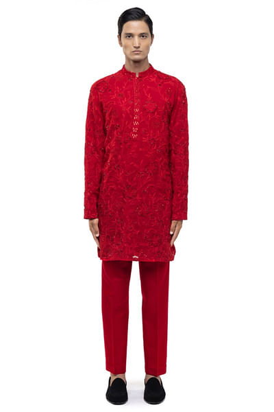 Red floral embroidered kurta set