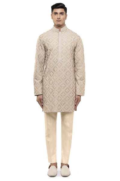 Beige dori embroidered kurta set