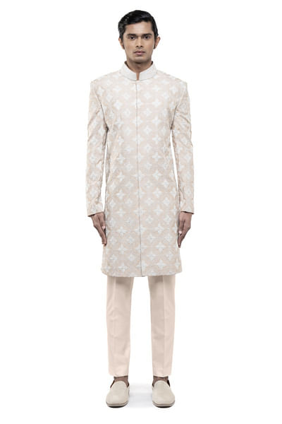 Beige embroidered sherwani set