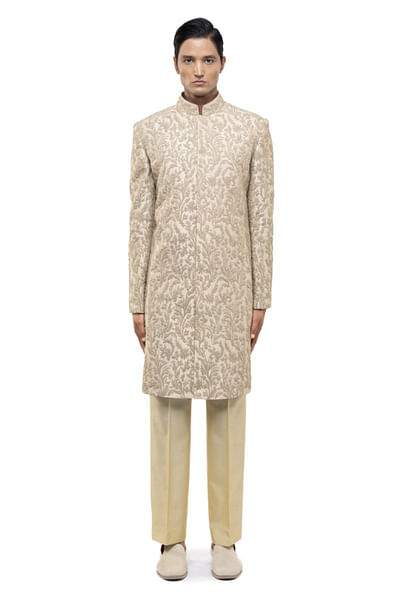 Beige floral embroidered sherwani set