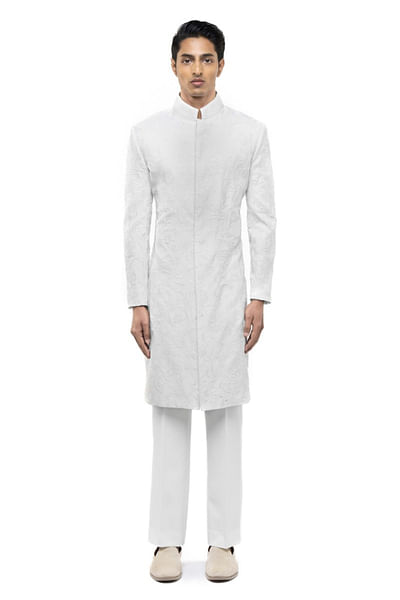 White floral embroidered sherwani set