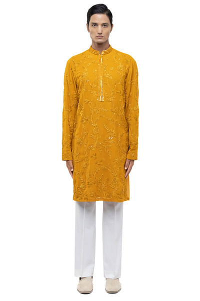Yellow floral embroidered kurta set