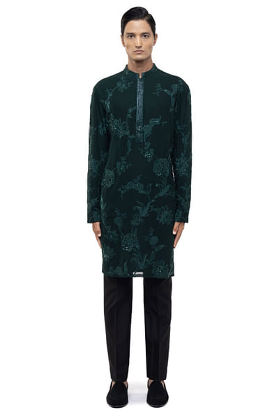 Green floral embroidered kurta set