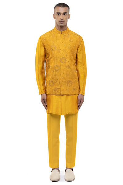 Yellow floral embroidered bandi kurta set