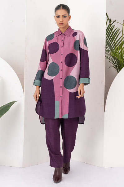 Haute Mess Salmon pink and wine printed tunic HAUTJUN26D147692