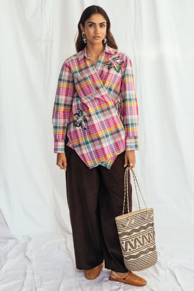 Jodi Multicolour checks-floral appliqué wrap shirt JODIJUN26D147964