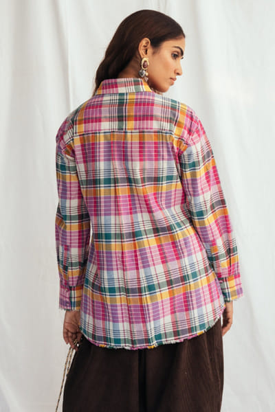 Jodi Multicolour checks-floral appliqué wrap shirt JODIJUN26D147964