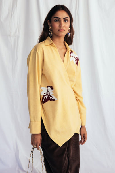 Jodi Yellow floral appliqué embroidered wrap shirt JODIJUN26D147972