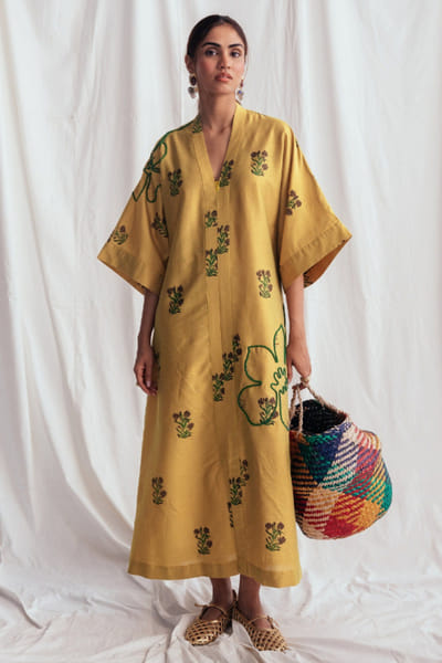 Jodi Yellow floral cord embroidered kimono dress JODIJUN26D147974