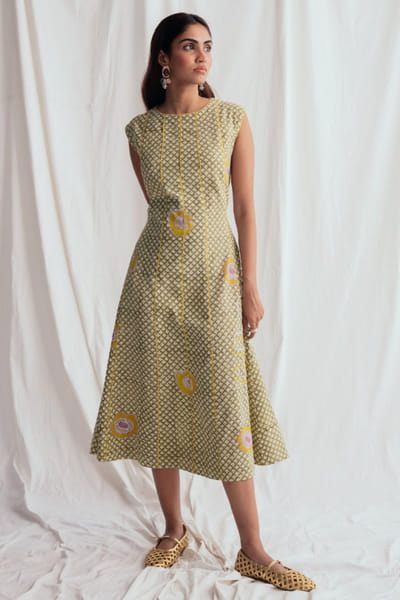 Jodi Green block-print and kantha embroidered dress JODIJUN26D147977
