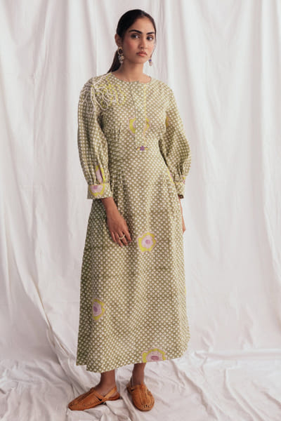 Jodi Green block print and kantha embroidered dress JODIJUN26D147978