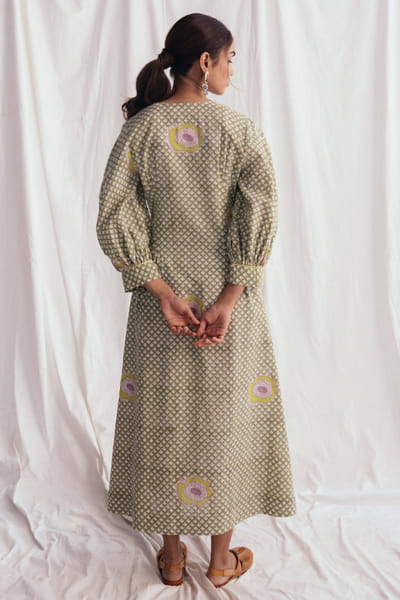 Jodi Green block print and kantha embroidered dress JODIJUN26D147978