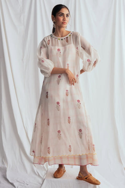 Jodi White floral and check printed chanderi dress JODIJUN26D147980