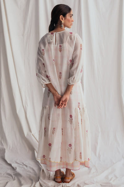 Jodi White floral and check printed chanderi dress JODIJUN26D147980