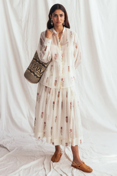 Jodi White floral hand block-printed chanderi shirt JODIJUN26D147982