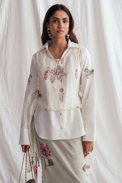 Jodi White floral print embroidery chanderi bib top JODIJUN26D147983
