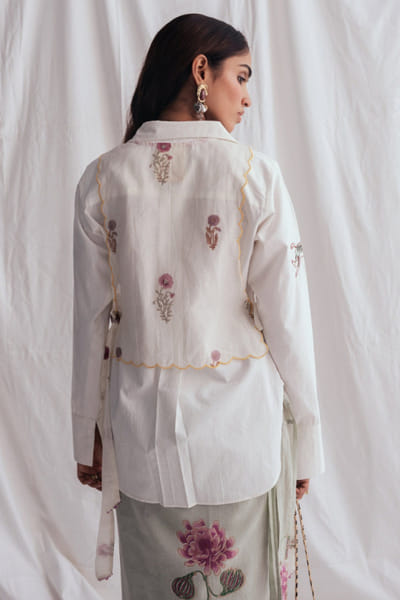 Jodi White floral print embroidery chanderi bib top JODIJUN26D147983