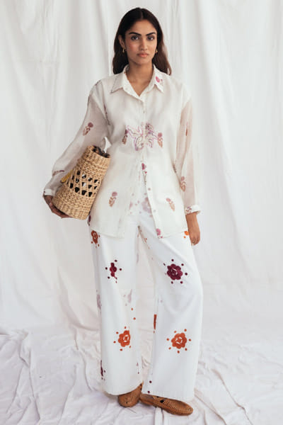 Jodi White floral print embroidered chanderi shirt JODIJUN26D147985