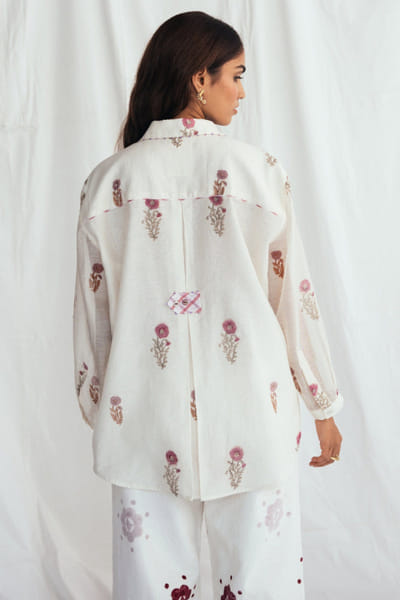 Jodi White floral print embroidered chanderi shirt JODIJUN26D147985