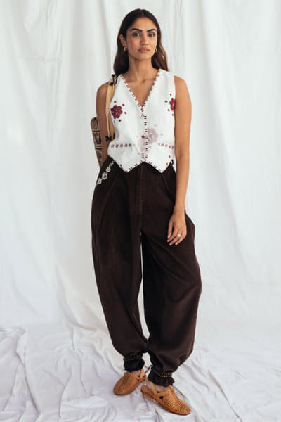 Jodi White floral block-printed corduroy waistcoat JODIJUN26D147989