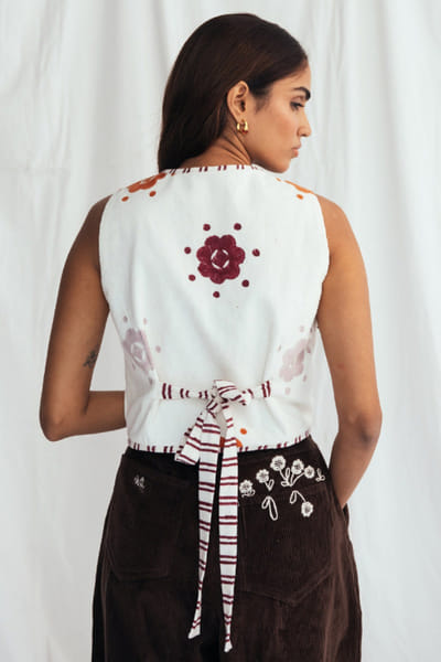 Jodi White floral block-printed corduroy waistcoat JODIJUN26D147989