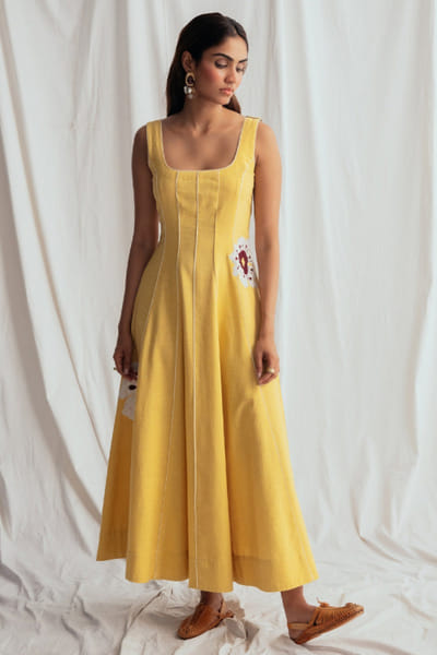 Jodi Yellow floral appliqué flared dress JODIJUN26D147992