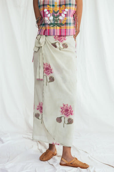 Jodi Green floral hand-block printed wrap skirt JODIJUN26D147998