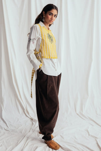 Jodi Yellow floral-stripe print embroidered bib top JODIJUN26D148002