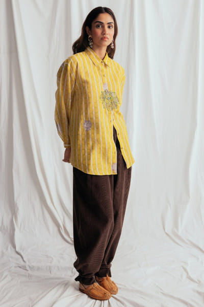 Jodi Yellow floral-stripe print embroidered shirt JODIJUN26D148003