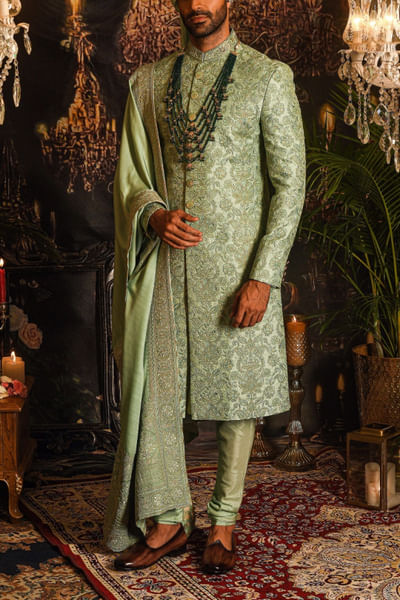Green floral embroidery sherwani set