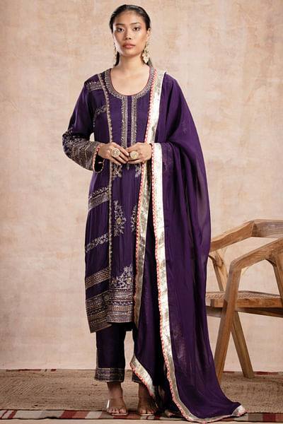 Purple sequin embroidered kurta set