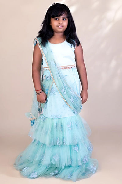 Blue embroidered lehenga sari set