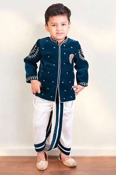 Teal blue embroidered bandhgala set