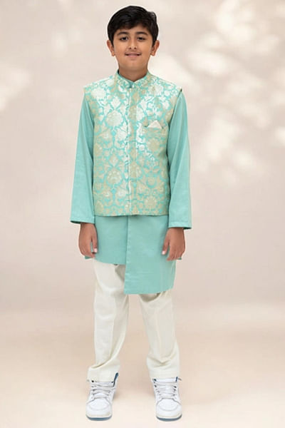 Green brocade jacket and kurta set