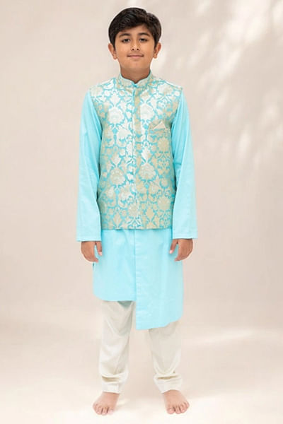 Blue brocade jacket and kurta set