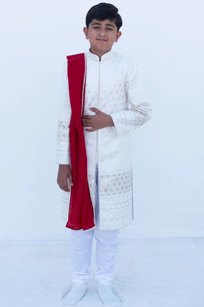 White embroidered sherwani set