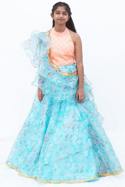 Blue printed organza lehenga set