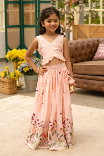 Peach embroidered skirt set