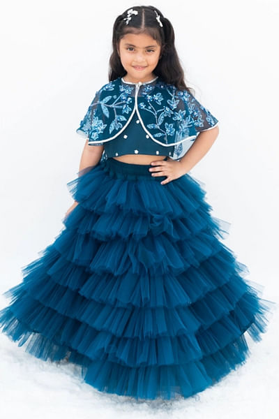 Teal blue layered skirt set