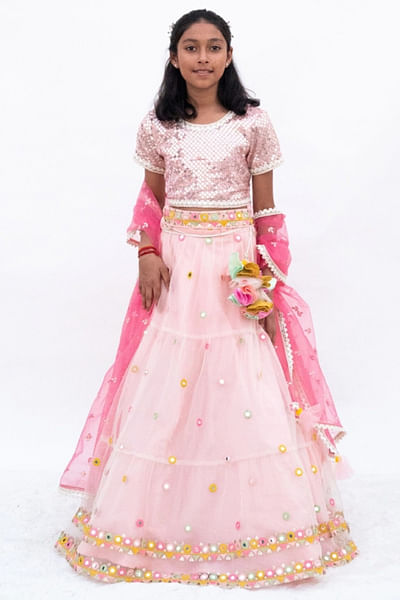 Pink mirror embroidered lehenga set