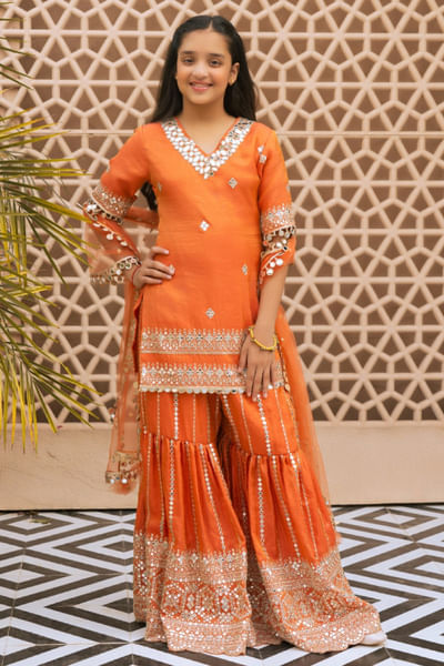 Organge embroidered kurta set