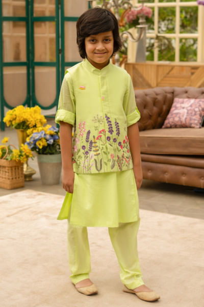 Green embroidered jacket kurta set