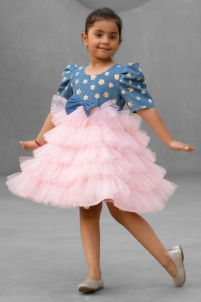 Denim and baby pink frill dress
