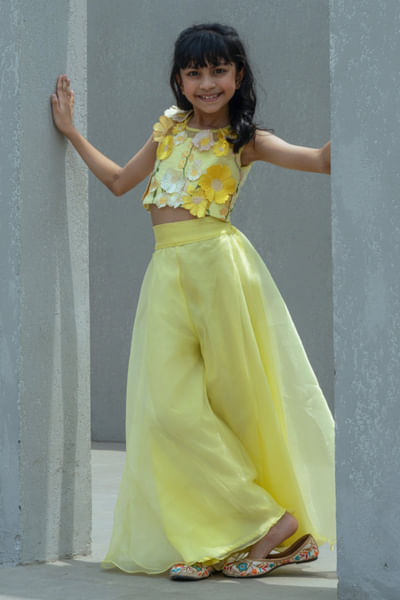Yellow 3D embroidered organza palazzo set
